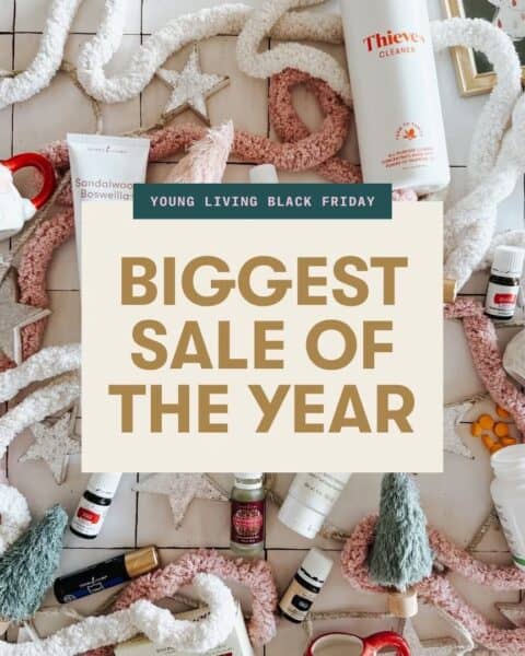 A flat lay of skincare, essential oils, Christmas decor, and garlands surrounds a sign reading "Young Living Black Friday Deals: Biggest Sale of the Year.