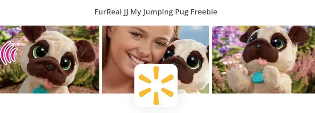 Collage of the FurReal "JJ My Jumping Pug" toy featuring two images of the adorable pug and one of a person holding it. A Walmart logo is prominently overlaid at the center.