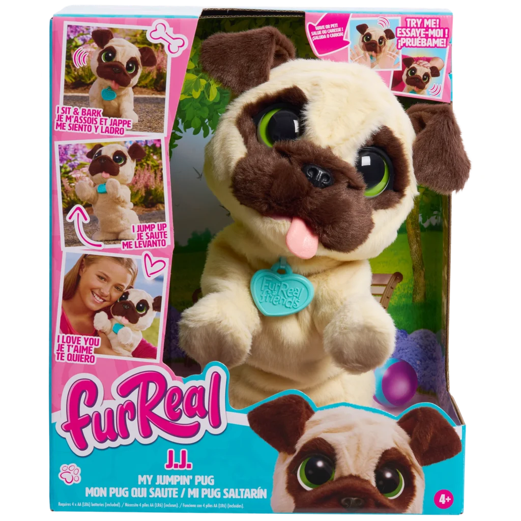 The FurReal JJ My Jumping Pug in packaging delights with lifelike interactive features, from barking to jumping. This engaging jumping pug toy is perfect for children ages 4 and up.