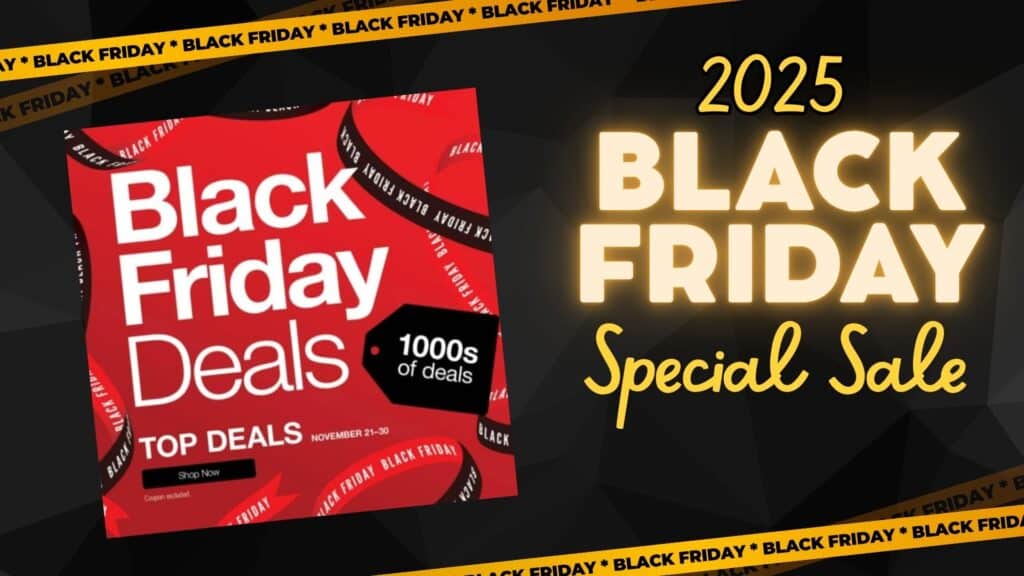 A digital graphic promoting 2025 JCPenny Black Friday Sales, featuring a red banner advertising "Black Friday Deals" and "1000s of deals" with bold yellow and white text.
