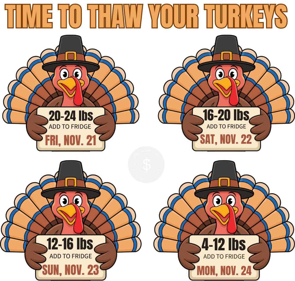 Four cartoon turkeys hold signs showing when to thaw turkeys by weight; dates range from Nov 21–24 for thawing before Thanksgiving. Text reads, "Time to Thaw Your Turkeys—find out How Long to Thaw a Turkey for a perfect holiday feast.
