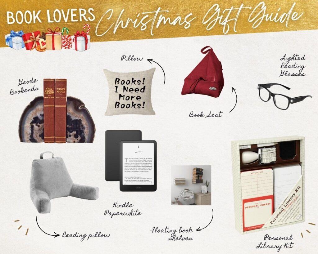 The Best Gift Ideas for Book Lovers: Explore our Christmas gift guide featuring bookends, a pillow, book seat, lighted reading glasses, reading pillow, Kindle Paperwhite, floating bookshelves, and a personal library kit.