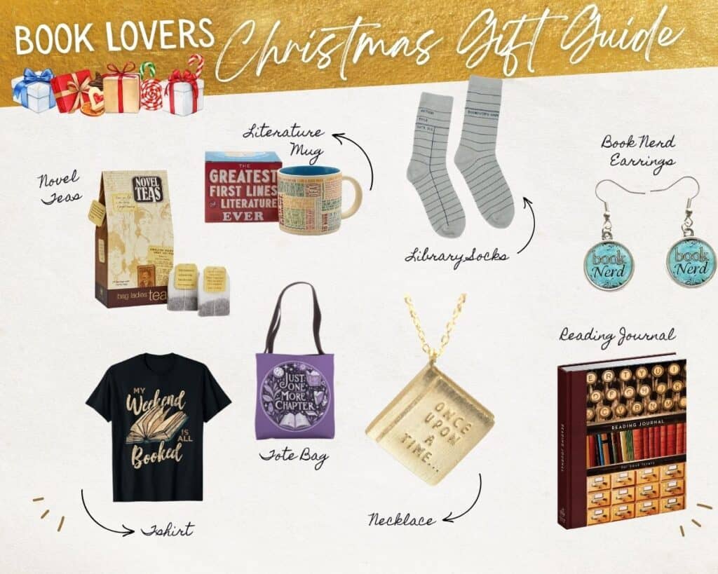 A holiday gift guide featuring the best gift ideas for book lovers, including a novel tea set, literature mug, socks, earrings, T-shirt, tote bag, book necklace, and journal—all beautifully arranged on a white background.