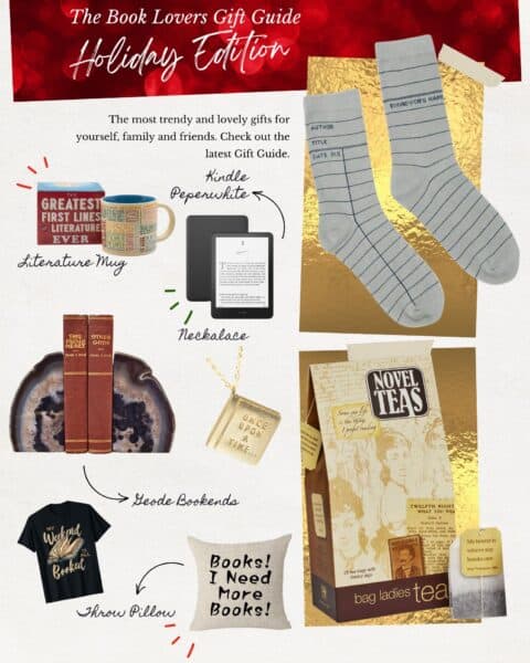 A holiday gift guide with The Best Gift Ideas for Book Loversโsocks, a mug, Kindle, necklace, bookends, shirt, pillow, and teaโeach arranged with labels and thoughtful descriptions for your favorite reader.
