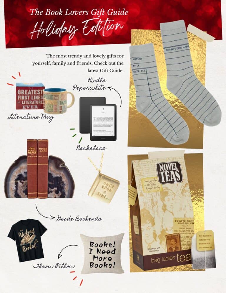 A holiday gift guide with The Best Gift Ideas for Book Lovers—socks, a mug, Kindle, necklace, bookends, shirt, pillow, and tea—each arranged with labels and thoughtful descriptions for your favorite reader.
