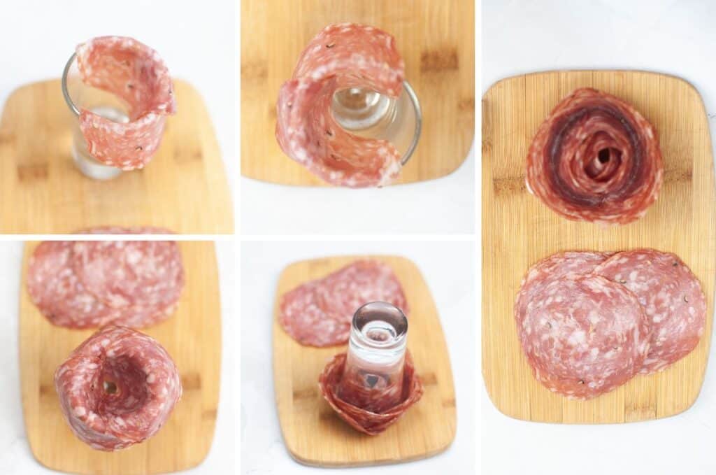 Discover the art of creating a salami rose on a charcuterie board by following this step-by-step process. Using a glass, shape each slice delicately into a stunning floral display, perfect for enhancing your holiday table's festive cheer.