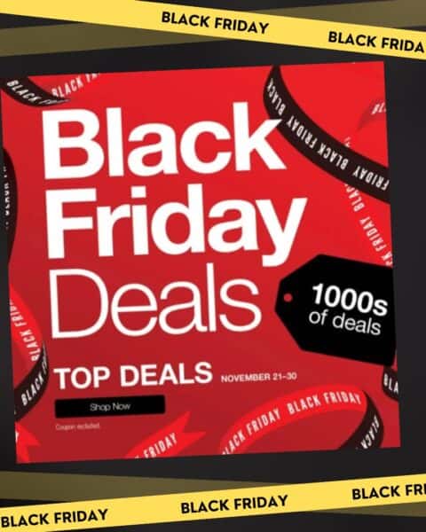 Red promotional graphic with bold white text reading "JCPenny Black Friday Sales," "1000s of deals," and "Top Deals November 21-30." Black Friday tape borders the image.