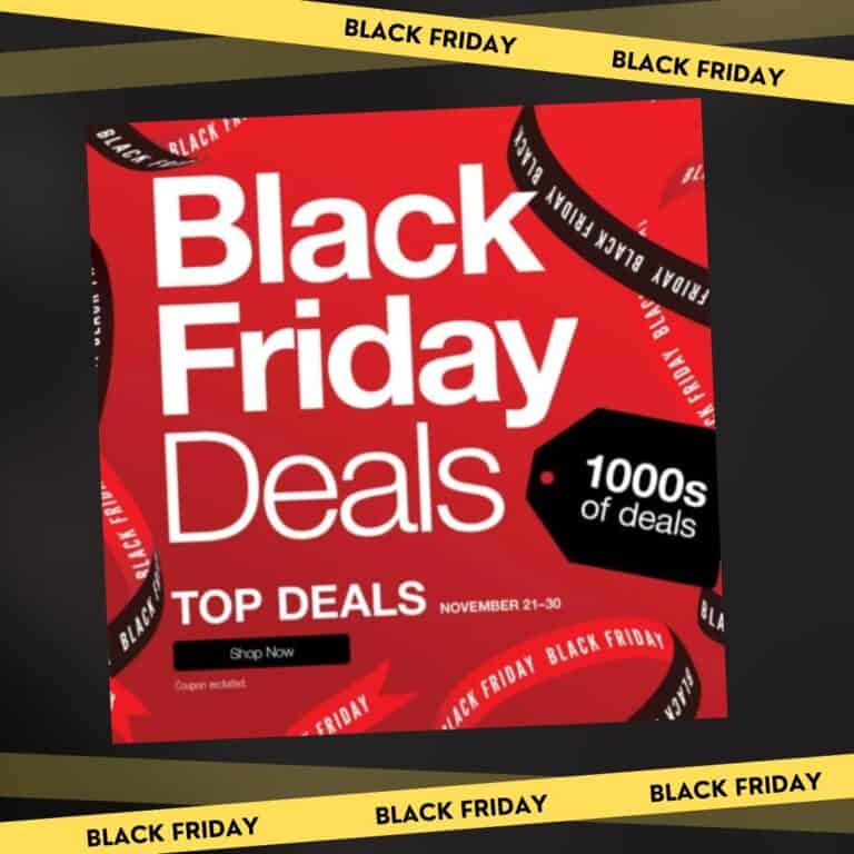 Red promotional graphic with bold white text reading "JCPenny Black Friday Sales," "1000s of deals," and "Top Deals November 21-30." Black Friday tape borders the image.