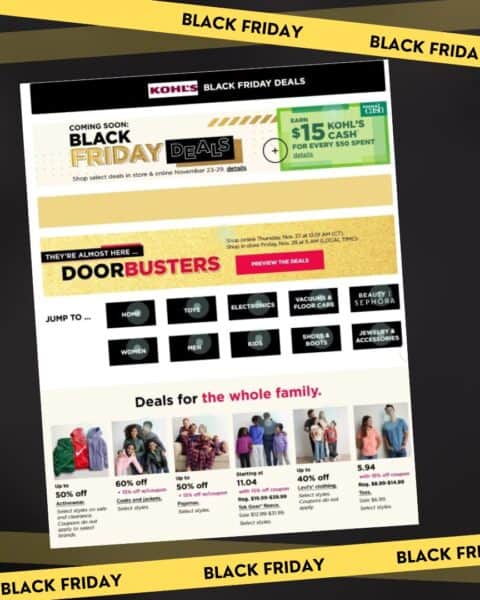 Screenshot of a Kohl's website page advertising upcoming Kohl's Black Friday Sales, featuring banners for doorbusters, discounts, and various product categories.