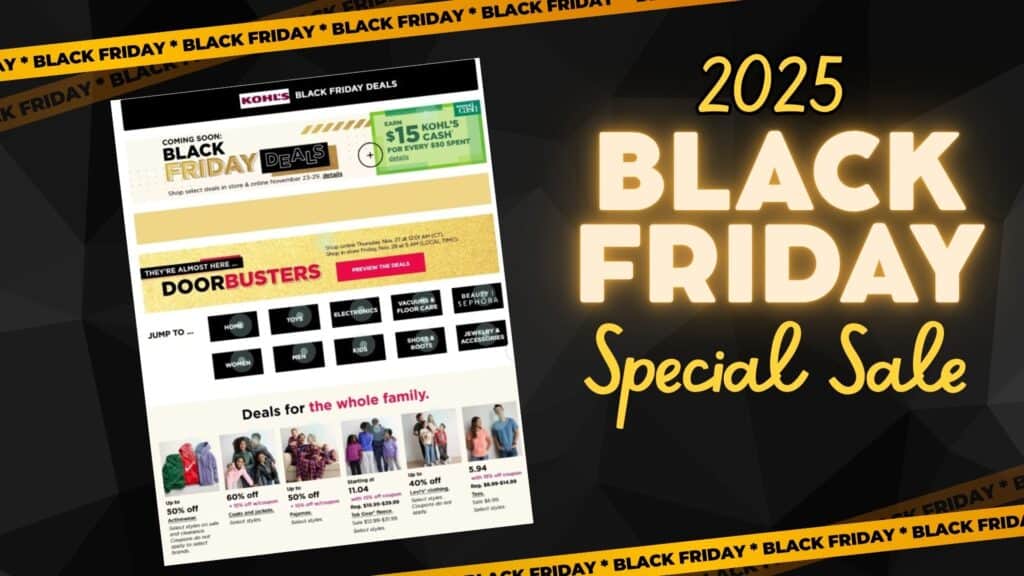 A digital flyer announces the 2025 Kohl's Black Friday Sales, featuring store deals for the whole family and a bold Black Friday banner.