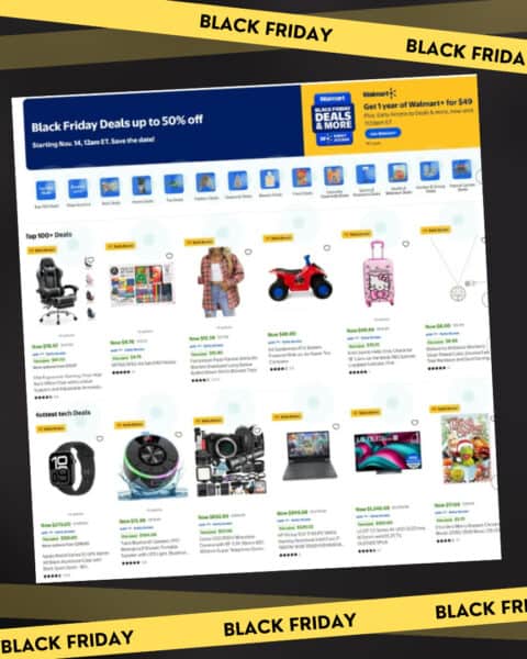 Screenshot of a Walmart webpage advertising Walmart Black Friday sales with up to 50% off, featuring toys, electronics, cameras, and more on a Black Friday-themed background.