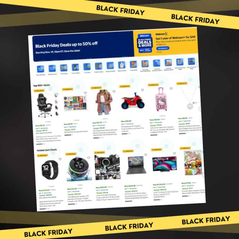 Screenshot of a Walmart webpage advertising Walmart Black Friday sales with up to 50% off, featuring toys, electronics, cameras, and more on a Black Friday-themed background.