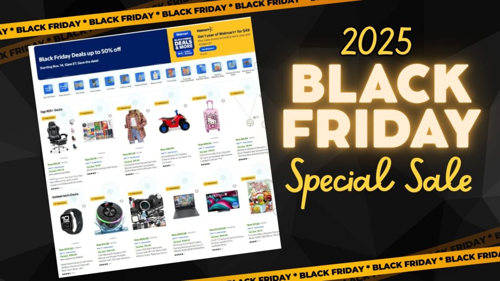 A webpage displaying various discounted products appears next to bold text reading "2025 Black Friday Special Sale" on a black and yellow background, highlighting unmissable Walmart Black Friday sales.