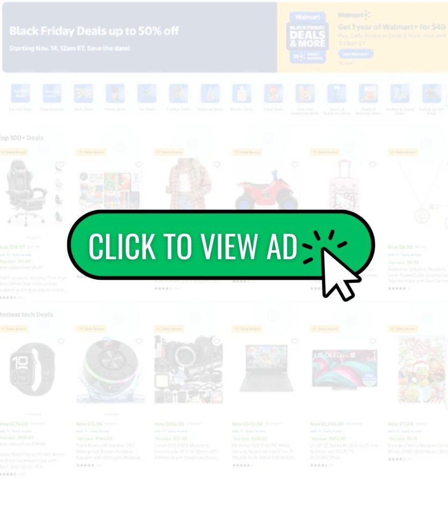 A website page with a blurred Walmart Black Friday sales section and a large green button in the center reading "CLICK TO VIEW AD" with a cursor icon.