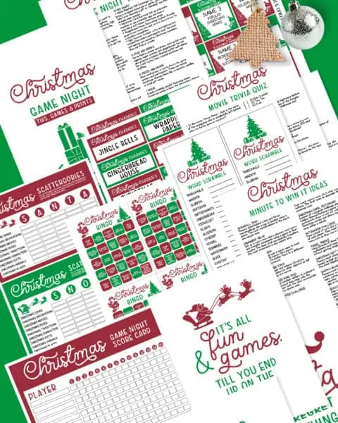 Assorted Christmas-themed game and activity printables, featuring festive red and green designs with titles like "Free Games for Christmas" and "Minute to Win It Ideas," perfect for your next Christmas Family Game Night.