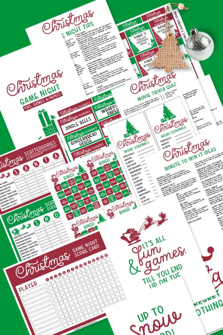 Assorted Christmas-themed game and activity printables, featuring festive red and green designs with titles like "Free Games for Christmas" and "Minute to Win It Ideas," perfect for your next Christmas Family Game Night.
