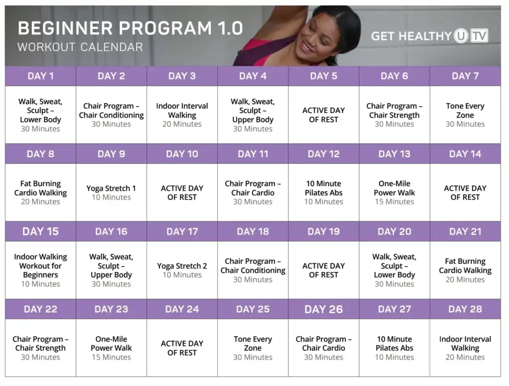 A 28-day beginner workout calendar from Get Healthy U TV with daily activities, including walking, cardio, yoga, sculpt, rest days, Pilates, and interval workouts—organized in a vibrant purple and white grid.