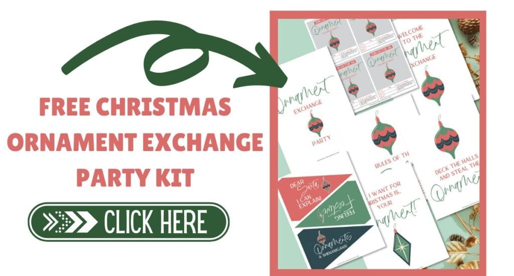 Free Christmas Ornament Exchange Party Kit with various cards and instructions displayed, featuring festive designs and text. Perfect for adding a touch of holiday magic to your ornament exchange gathering!.