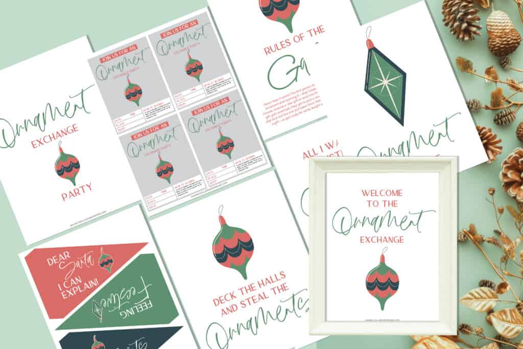 Assorted festive printables with Christmas ornament designs and the text "Ornament Exchange," arranged on a mint green background adorned with pine cones.