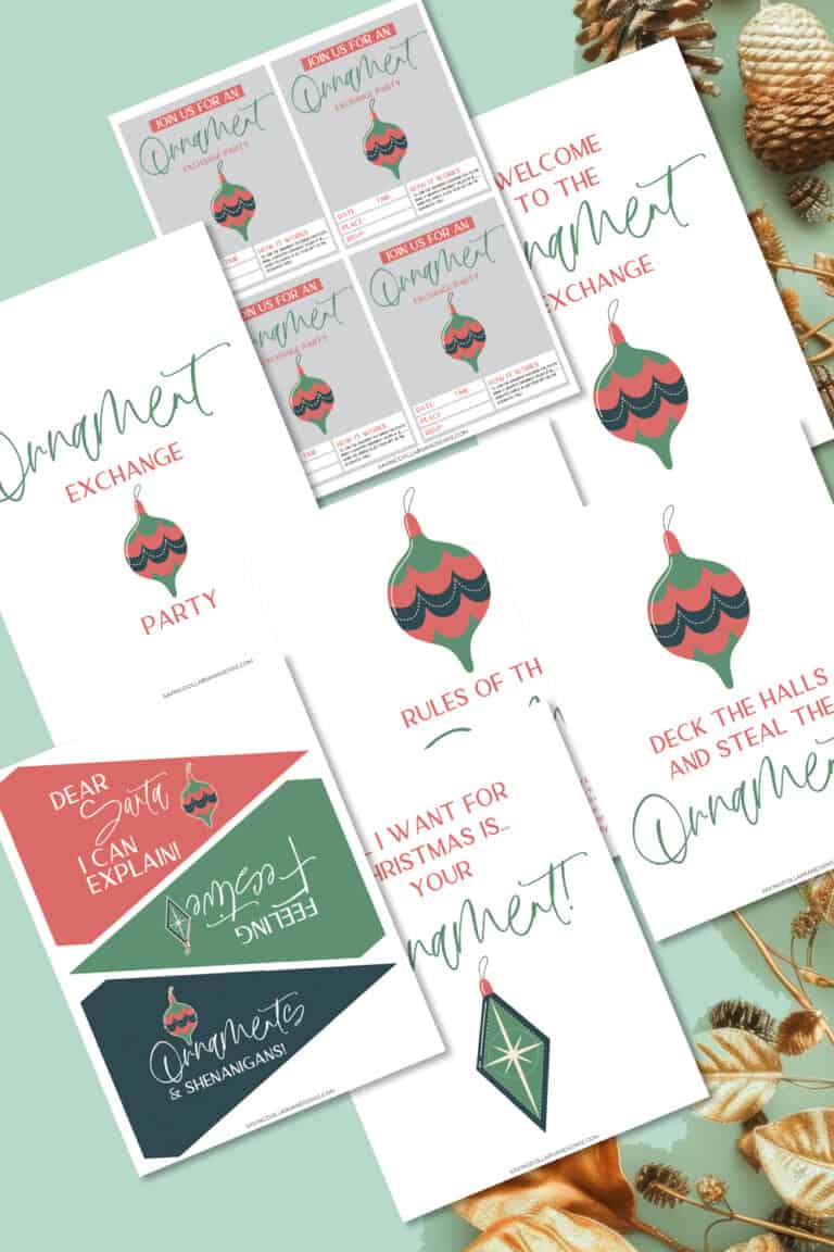 A festive Christmas-themed image showcasing invitations, rules, and cards for an ornament exchange party, adorned with red and green designs and charming pine cone decorations.