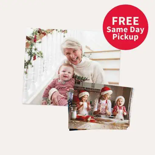 A collage of two heartwarming holiday-themed photos: a smiling elderly woman with a baby and three children baking, all in festive attire. The "FREE Same Day Pickup" option at Walgreens is highlighted in a red circle.