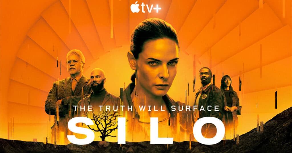 Promotional poster for the Apple TV+ series "Silo," depicting five characters against an orange background, with the text "The Truth Will Surface, challenging ordinary life.