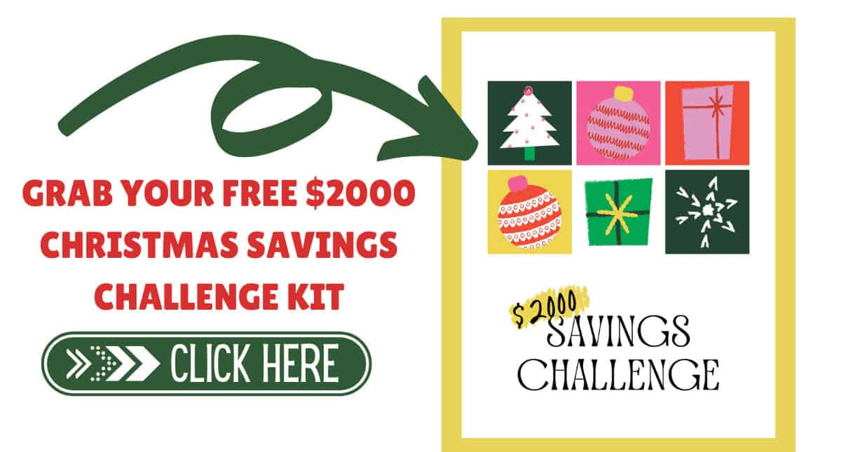 Promotional image for a $2000 Christmas Savings Challenge Kit, featuring colorful holiday-themed icons and a "click here" button. Perfect for holiday budgeting, this kit helps you save money for Christmas with effective financial planning strategies.