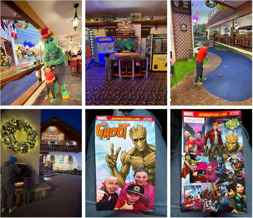 Collage of a children's play area with a dinosaur mascot, arcade games, mini-golf, and the iconic Bavarian Inn building. Two Marvel comic book covers featuring Groot and other characters add to the vibrant mix.
