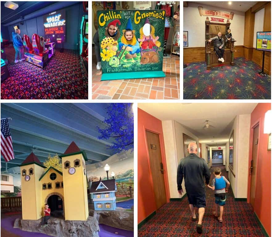 A collage of five images depicts arcade games, themed photo cutouts, a Bavarian Inn clock tower model, and people strolling through a carpeted hallway.
