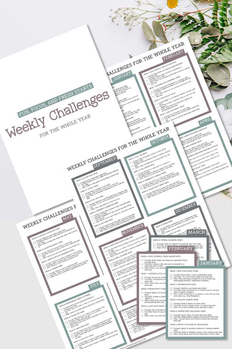 A set of printed pages titled "52-Week Challenge: Best Year Yet" is arranged on a table, accompanied by a floral arrangement.