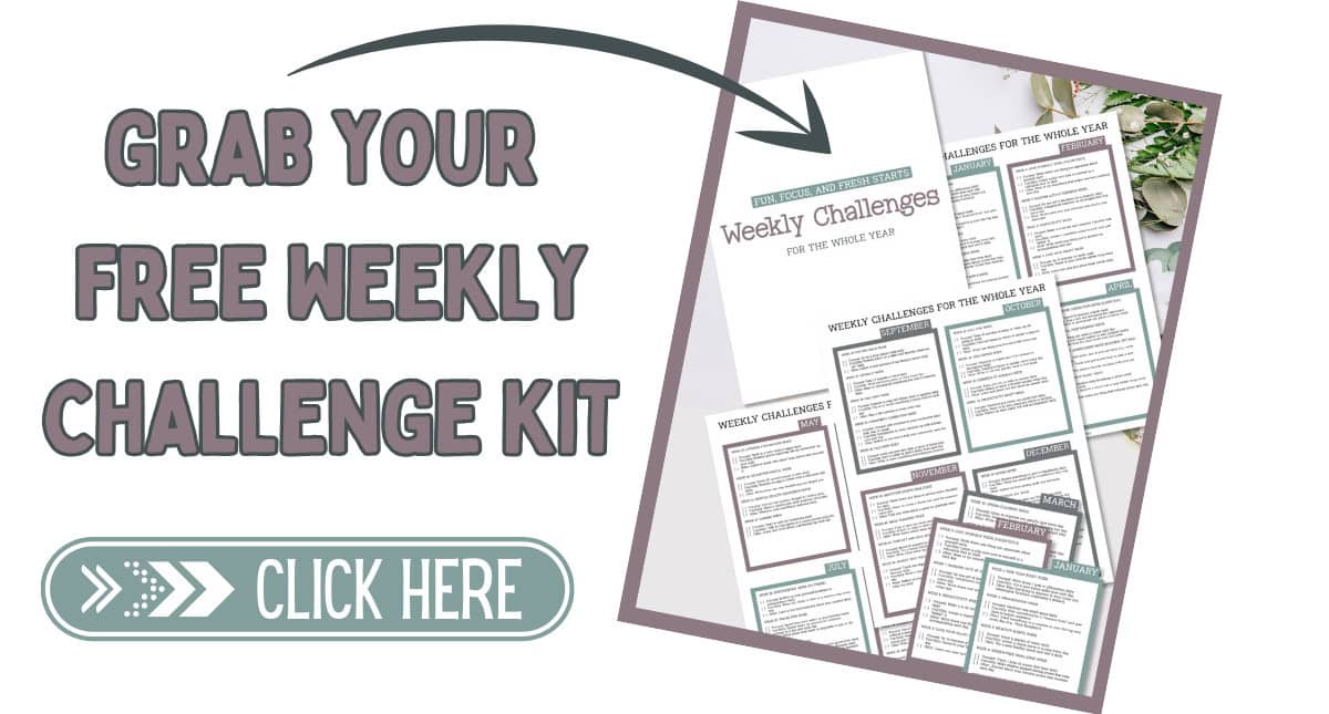 Promotional graphic for a free 52-Week Challenge kit, featuring a preview of the kit's pages and a "Click Here" button to make this your Best Year Yet.