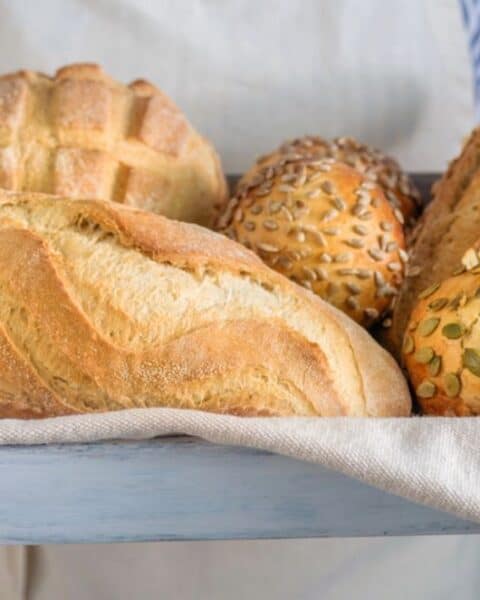 A person holds a tray with assorted breads, including loaves and rolls with seeds, on a cloth napkin—a perfect showcase for those following a beginner’s guide to mastering sourdough.