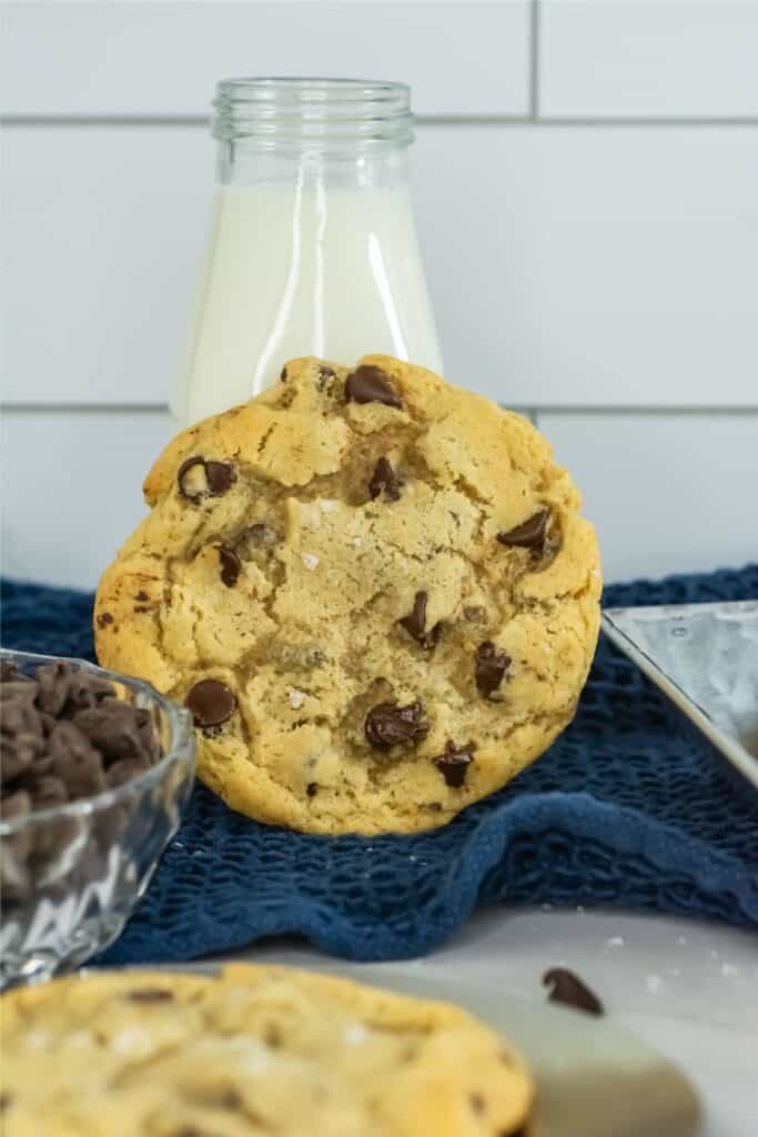 A tempting chocolate chip cookie leans against a glass bottle of milk, accompanied by a bowl of chocolate chips, all artfully arranged on a blue cloth. Perfect for those who cherish the classic taste and are curious to explore the twist of sourdough in their baking adventures.