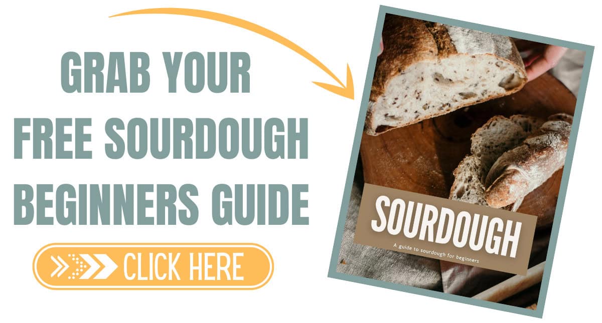 Image of a guide titled "Sourdough" beside sliced bread with text reading "Grab your free Beginner's Guide to mastering sourdough. Click here" and an arrow pointing at the book.