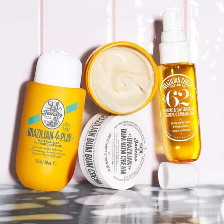 A collection of Sol de Janeiro skincare products, featuring containers and a spray bottle, beautifully displayed on a white surface. Perfect for any beauty ritual, these favorites often found at Sephora bring the essence of Brazilian Bum Bum to your routine.