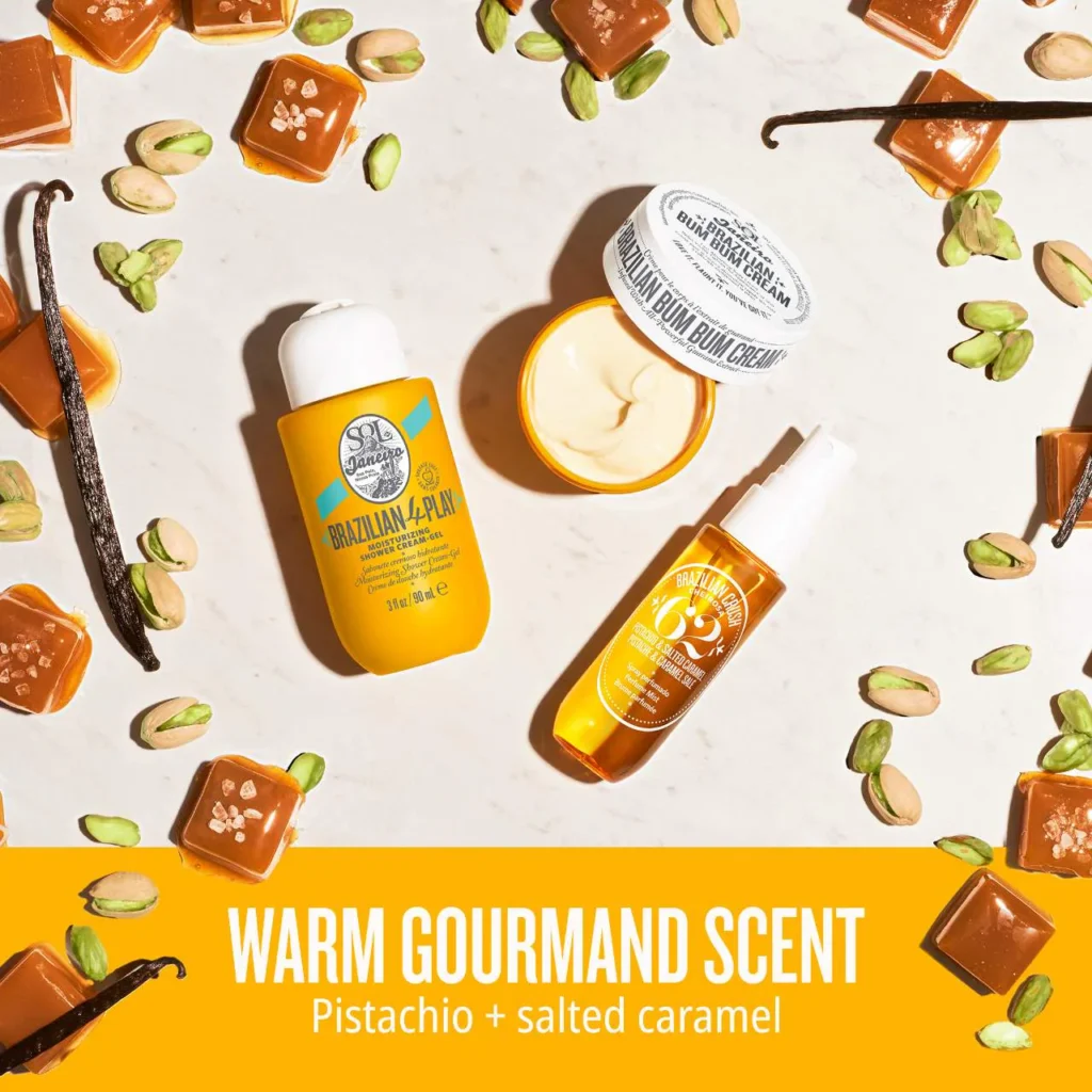 Skincare products with a pistachio and salted caramel theme are surrounded by vanilla beans, pistachios, and caramel pieces. Text reads: "Warm Gourmand Scent: Pistachio + salted caramel." Inspired by Sol de Janeiro's Brazilian Bum Bum favorites, now available at Sephora.