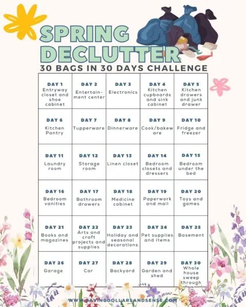 Join the 30 Bags in 30 Days Spring Declutter Challenge! Our schedule guides you through daily decluttering spots like the kitchen, pantry, bedrooms, and storage areas. Enjoy floral decor and colorful text on a light background as you transform your home.