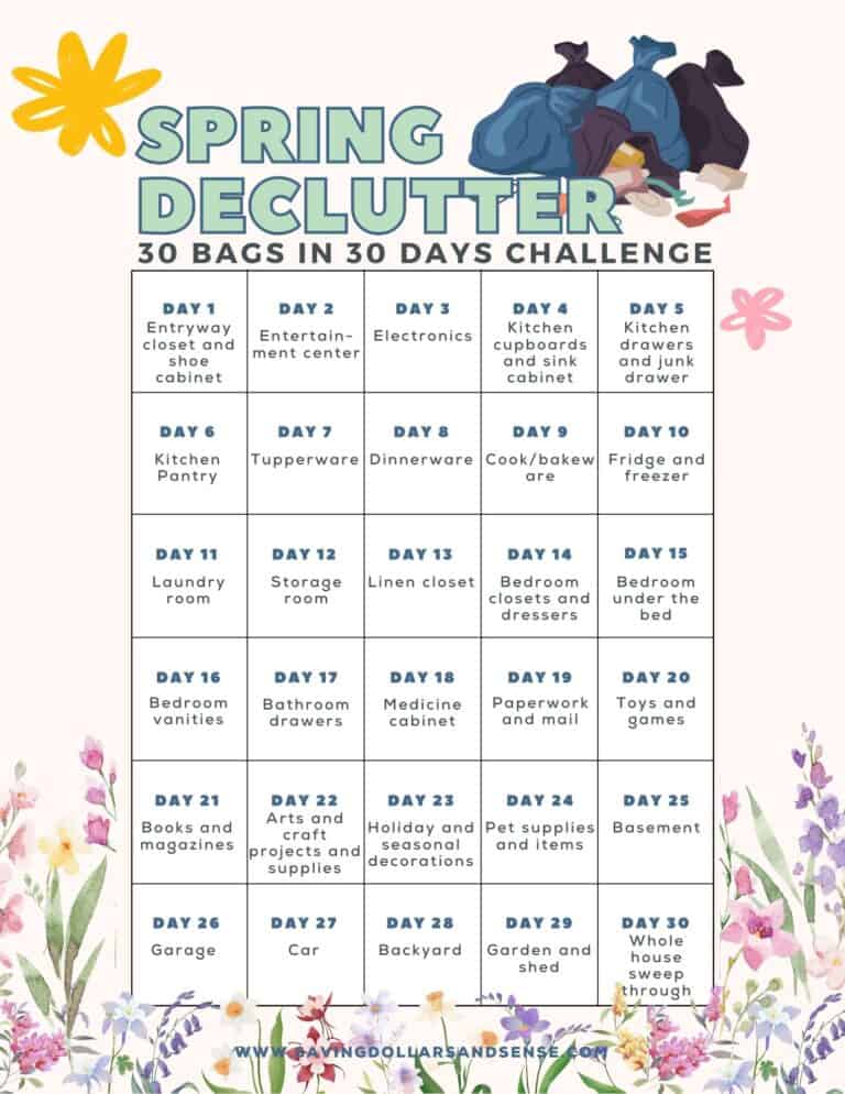 Join the 30 Bags in 30 Days Spring Declutter Challenge! Our schedule guides you through daily decluttering spots like the kitchen, pantry, bedrooms, and storage areas. Enjoy floral decor and colorful text on a light background as you transform your home.