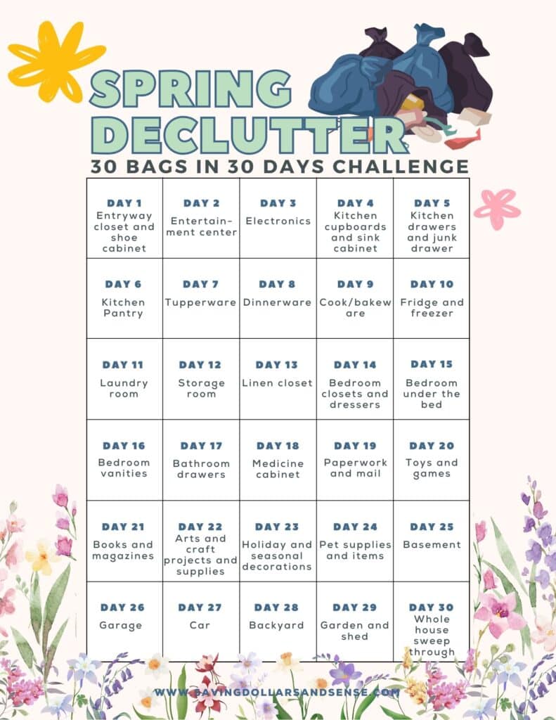 Join the 30 Bags in 30 Days Spring Declutter Challenge! Our schedule guides you through daily decluttering spots like the kitchen, pantry, bedrooms, and storage areas. Enjoy floral decor and colorful text on a light background as you transform your home.