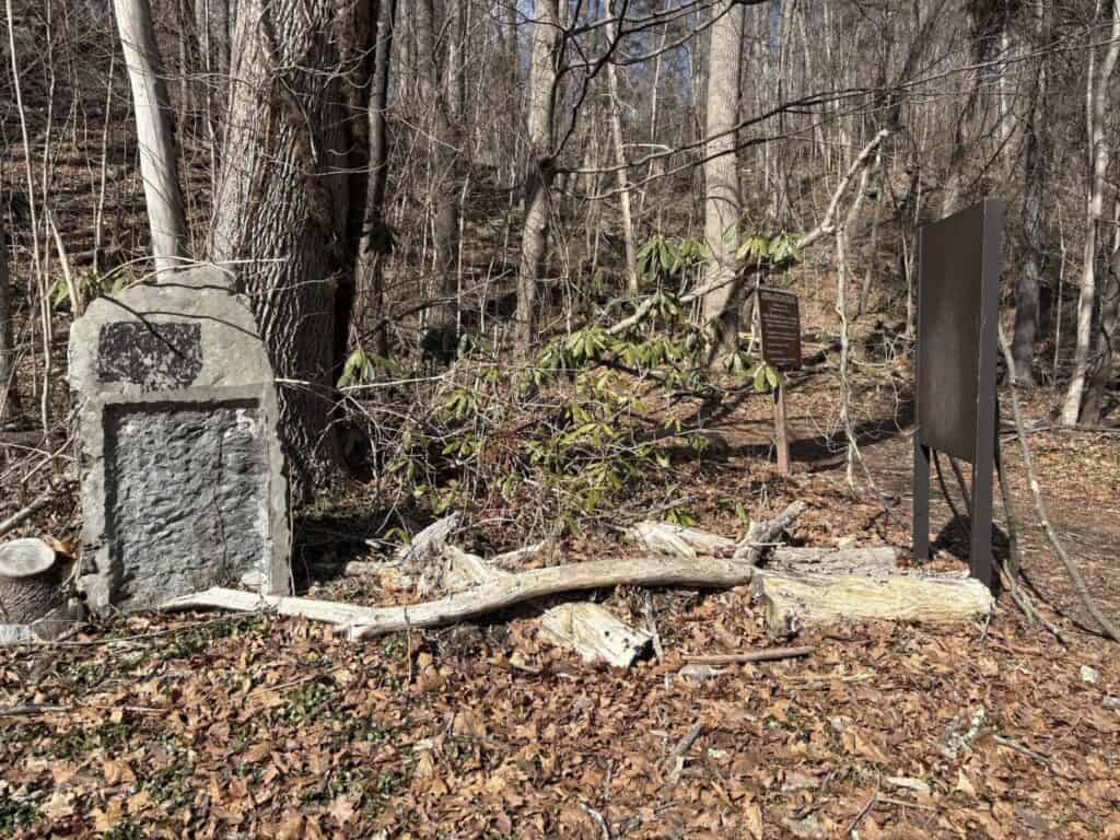 A personal post from a wooded area reveals a stone marker amid fallen branches, flanked by two informational signs. Sparse foliage decorates the trees, while the ground is a tapestry of dry leaves.