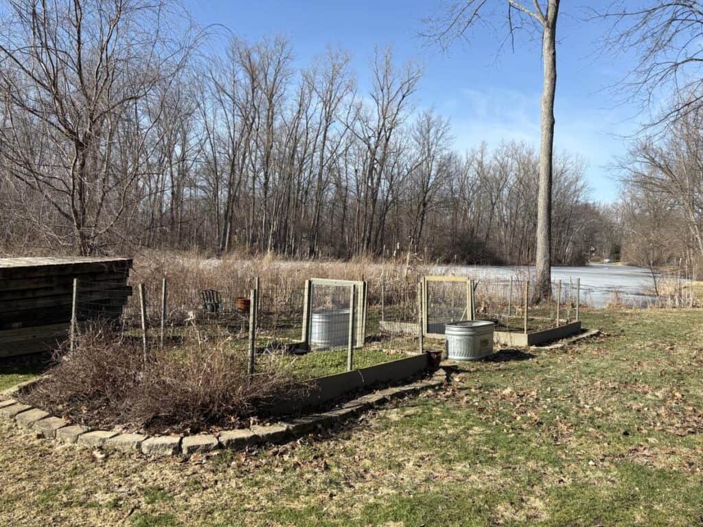 In this personal post, a winter garden unfolds with raised beds and bare trees surrounding a wooden compost bin and two metal trash cans under clear blue skies. A frozen pond glistens in the backdrop, adding to the serene beauty.