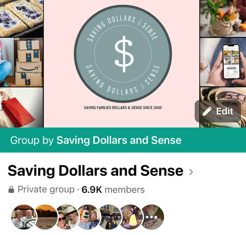 Collage image featuring a Facebook group banner for "Saving Dollars and Sense," illustrating how to save money with various thrifty items and activities.