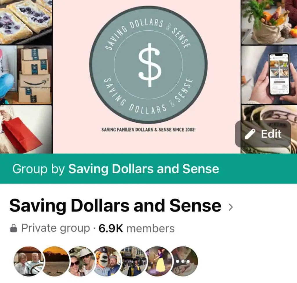 Collage image featuring a Facebook group banner for "Saving Dollars and Sense," illustrating how to save money with various thrifty items and activities.