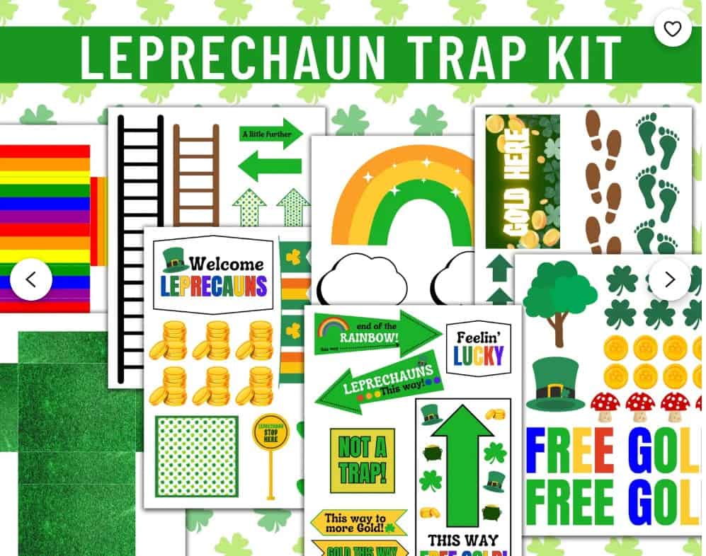 Introduce a touch of magic to your personal post with this leprechaun trap kit. It includes themed printables like rainbows, gold coins, ladders, and directional signs, all set against a whimsical shamrock-patterned background. Perfect for adding charm to any St. Patrick's Day celebration!.