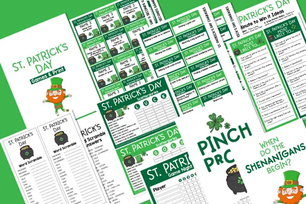 St. Patrick's Day printable kit with themed game sheets and word scrambles featuring shamrocks and a leprechaun, perfect for party games. Includes instructions and answer keys.