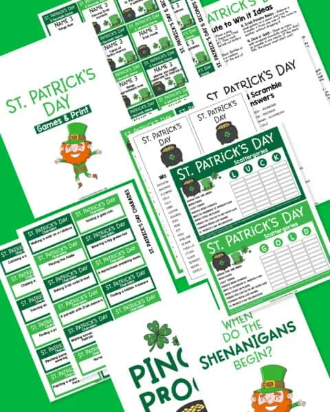Celebrate with our St. Patrick's Day Printable Kit, featuring party games, festive prompts, word scrambles, and charming graphics on a green and white background.