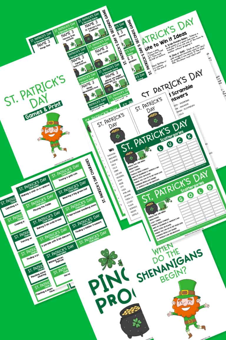 Celebrate with our St. Patrick's Day Printable Kit, featuring party games, festive prompts, word scrambles, and charming graphics on a green and white background.