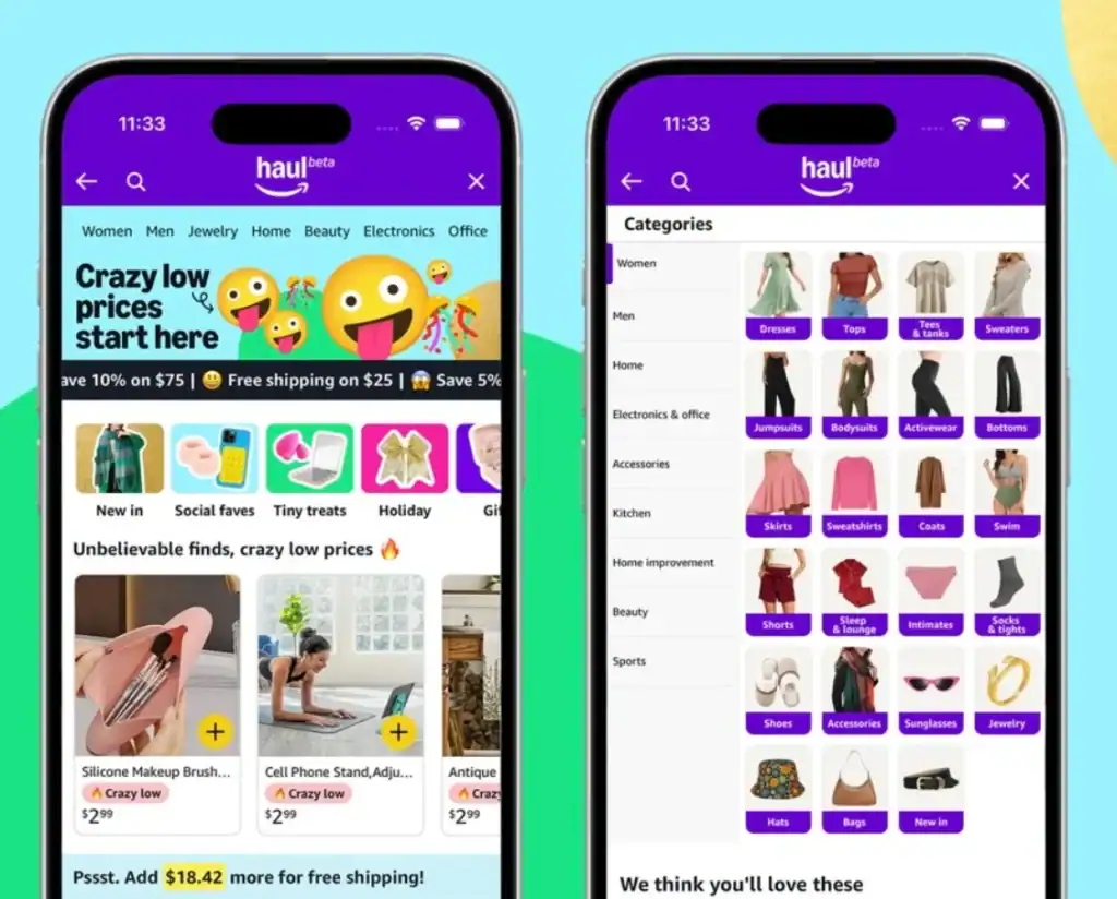 Two smartphone screens display the Haul app, showcasing the homepage with discounts and a product catalog. Categories include clothing, accessories, and more, with vibrant icons and images.
