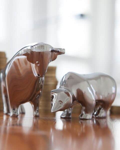 Silver bull and bear figurines rest on a wooden surface, symbolizing the thrilling world of investing, with stacks of coins in the background hinting at the potential to make money in stocks.