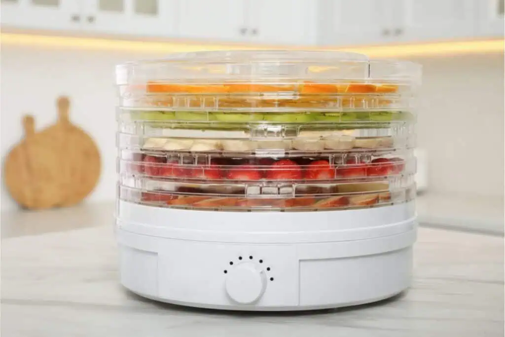 A white food dehydrator with clear trays filled with sliced fruits sits on a kitchen counter, showcasing the essentials of food preservation. This setup is perfect for those eager to learn how to get started with dehydrating food at home.
